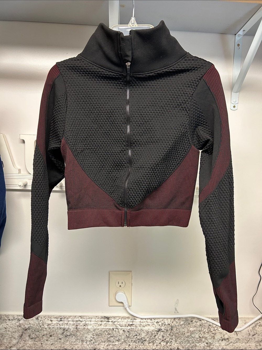 Cropped Black and Burgundy Textured Zip-Up Jacket